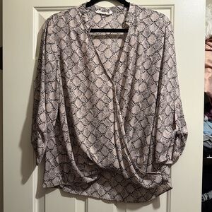 All in Favor Blush Pink and Gray Snake-Print Surplice Blouse
